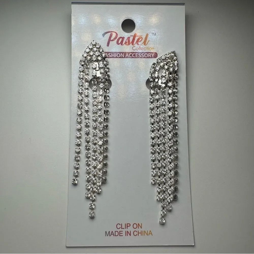 3For$20 Pastel Collection Long Rhinestones Fringe Clip-On Earrings